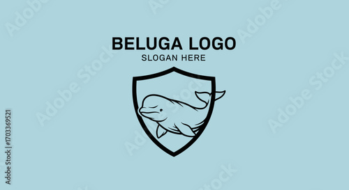Simple line art logo design featuring a beluga whale within a shield shape, suitable for a company or organization.