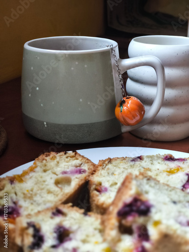 hCozy Autumn Still Life with Cake and Tea