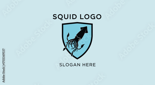 A modern logo design featuring a black squid silhouette inside a light blue shield emblem with sample text.
