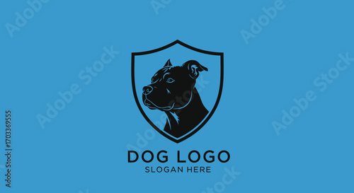 A stylized black silhouette of a dog's head inside a shield, with text below.