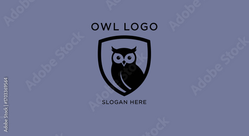 Black owl graphic centered in a shield shape with text "OWL LOGO" above and "SLOGAN HERE" below on a blue background.