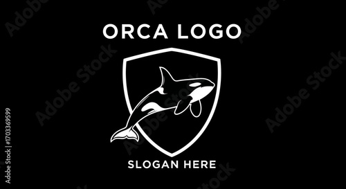 Orca whale illustration within a shield emblem, presented on a black background with text "ORCA LOGO" and "SLOGAN HERE".