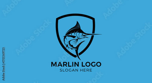 A stylized logo featuring a marlin fish within a shield against a blue background.