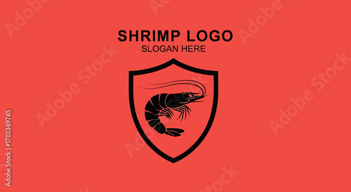A bold black silhouette of a shrimp is displayed within a shield emblem, set against a vibrant red background, with "SHRIMP LOGO" and "SLOGAN HERE" text above.