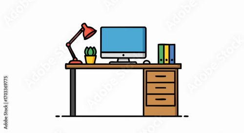 Modern office desk with computer and lamp for work or study.