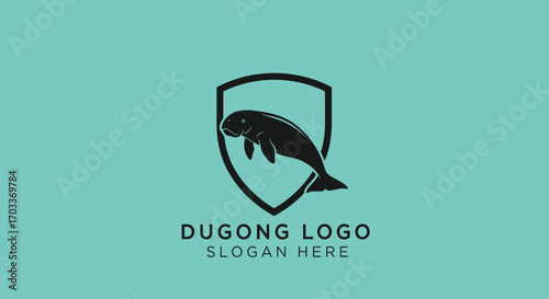 Stylized dugong silhouette within a shield, accompanied by the text "Dugong Logo" and "Slogan Here" on a teal background.