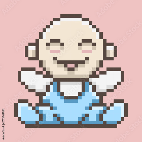 Adorable baby character designed in a charming retro pixel art style. This cute baby features a joyful expression and spreading hand, making it a perfect symbol of love and innocence