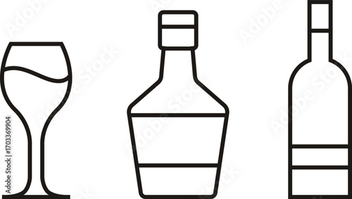 Vector illustration of a bottle and glass of red wine on the table in vintage elegant minimal style