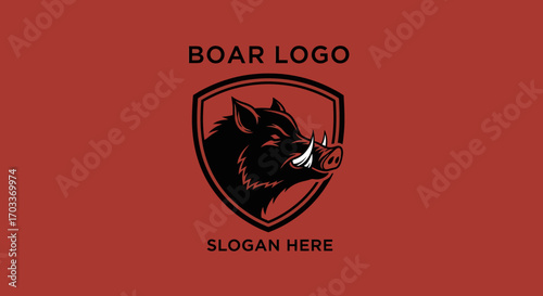 A bold black boar head emblem with tusks is displayed within a shield, set against a solid red background, with "BOAR LOGO" and "SLOGAN HERE" text above and below.