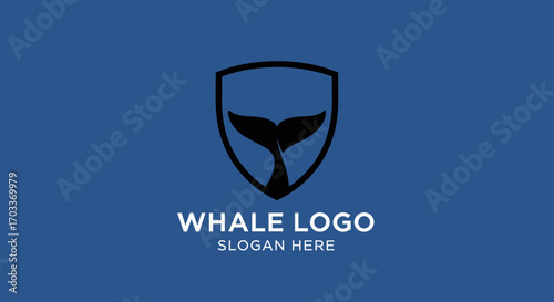 Minimalist whale tail logo design enclosed within a shield shape on a solid blue background, with placeholder text.