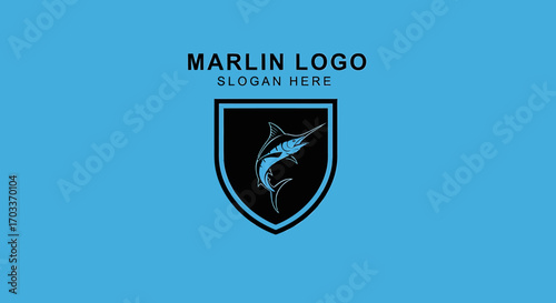 An elegant marlin fish logo design within a black crest on a solid blue background with placeholder text.