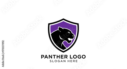 A striking black panther silhouette is emblazoned within a purple shield, symbolizing power and protection, with accompanying text for branding.