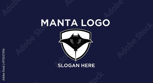 A stylized logo featuring a manta ray silhouette inside a shield on a dark blue background.