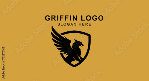 A black silhouette of a mythical griffin with wings spread inside a shield, presented as a logo template on a gold background.