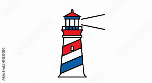 Stylized red white and blue striped lighthouse illustration with light beams.