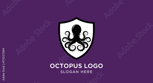 Free Download A minimalist black octopus logo inside a white shield on a vibrant purple background, with placeholder text below. - GFXLoad