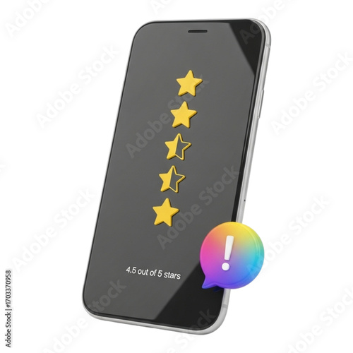 A phone showing a rating of four point five stars with an exclamation point notification bubble icon created with generated ai