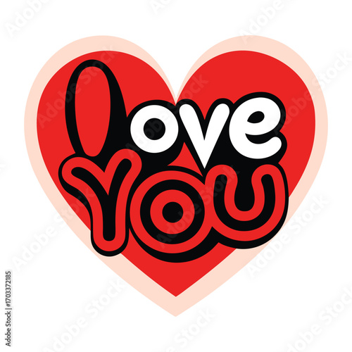 Detailed red heart shape with black text "love you", warm feeling, retro style, trendy, high-quality digital art t-shirt design.
