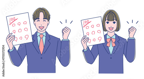 100点をとってガッツポーズする男女の生徒