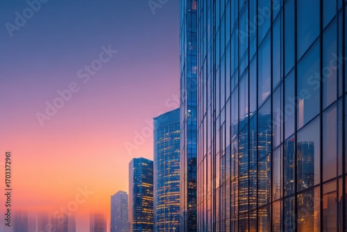bundle of tall corporate glass business office buildings, transparent isolated background. Sunset evening window reflections, big city metropolitan area, commerce, high-rise building