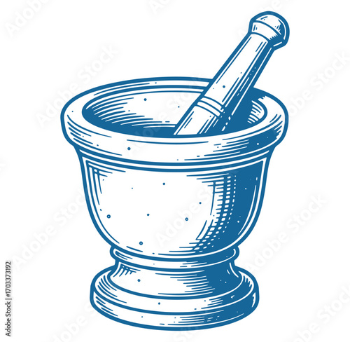 Vintage blue engraved mortar and pestle illustration on white background for herbal medicine