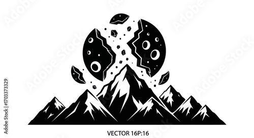 Monochrome illustration showcasing a broken moon above jagged mountains for dramatic effect