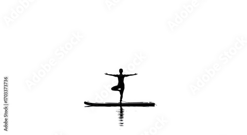 Silhouette of a woman in tree pose on a paddleboard, symbolizing balance and mindfulness