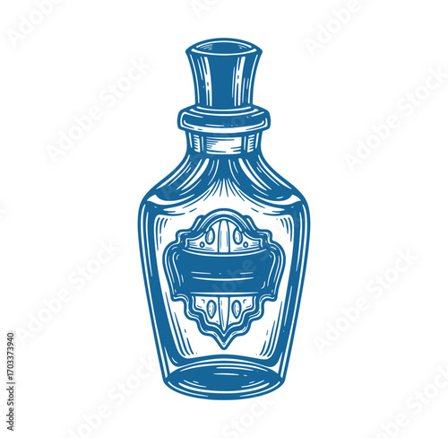 Vintage hand drawn blue bottle with empty label perfect for logo design and branding