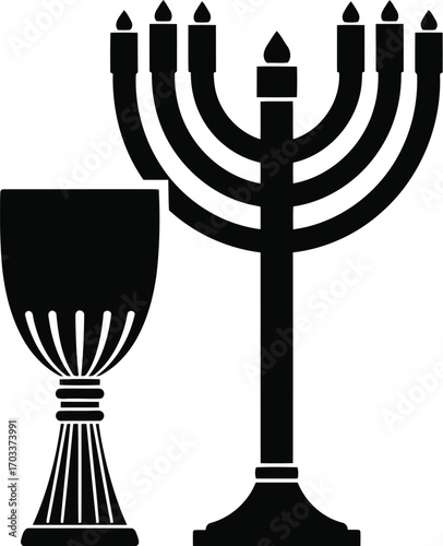 Menorah and kiddush cup, symbols of jewish tradition, isolated on transparent background