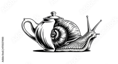 Surreal juxtaposition of a snail shell and teapot creating a whimsical fantasy drawing