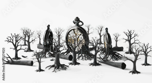 Surreal composition featuring pocket watch timepieces amidst barren tree silhouettes on stark