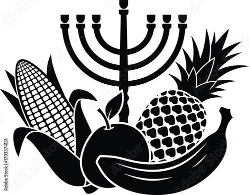 Black silhouette of a menorah with fruits including a pineapple, banana, apple, and corn, isolated on transparent background