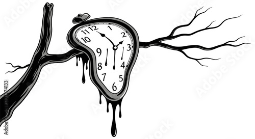 Surreal time distortion concept illustration of melting clock on tree branch isolated over white