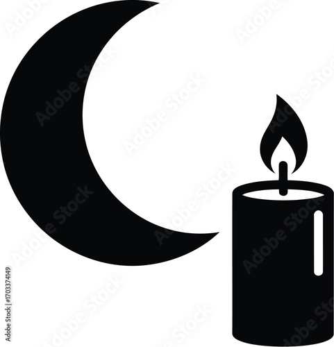 Black silhouette of a crescent moon and a lit candle isolated on transparent background