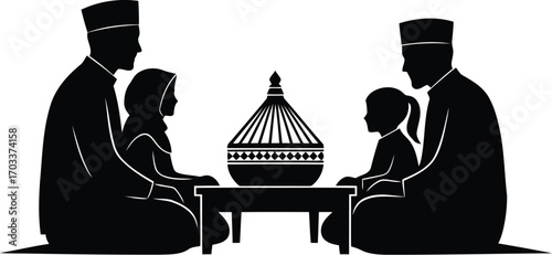 Silhouette of a muslim family gathering around a table with a decorative item, isolated on transparent background