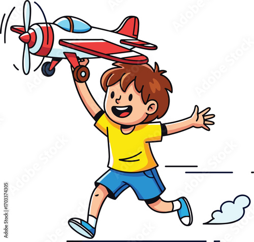 Happy boy running with toy airplane, playful child, outdoor fun, childhood joy, imagination, active kid, flying plane, energetic boy, summer playtime.