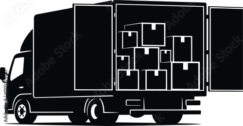 Delivery truck with open back doors filled with boxes, isolated on transparent background