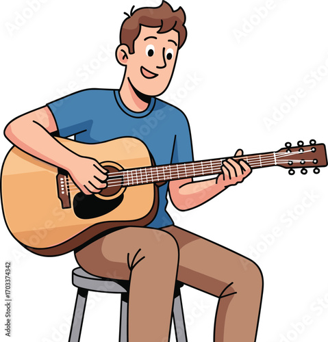 Happy young man sitting on chair playing acoustic guitar, cartoon illustration of music performance, musician character, entertainment concept, relaxing melody