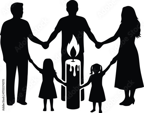 Silhouette of a family holding hands around a candle, isolated on transparent background