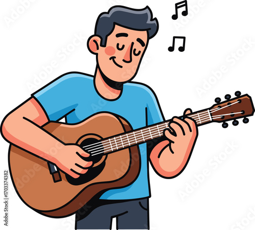 Happy young man playing acoustic guitar, enjoying music with relaxing melody, cartoon character illustration, music performance concept, entertainment background