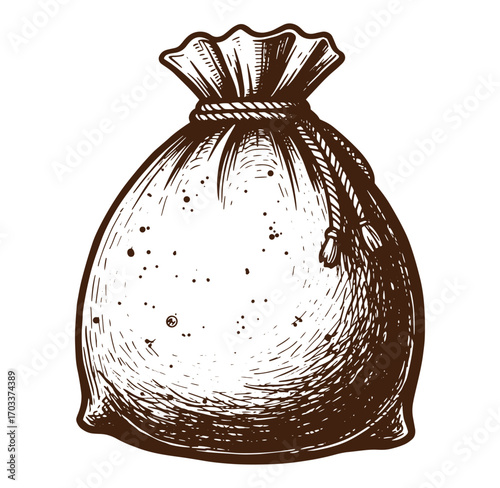 Vintage hand drawn illustration of a full tied sack with detailed rope and texture