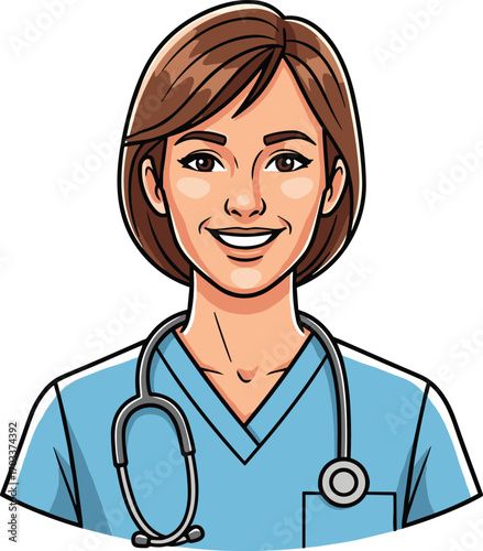 Smiling female nurse in blue scrubs with stethoscope, healthcare professional, medical worker, hospital staff, patient care, clinical nurse expert.