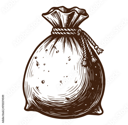 Vintage hand drawn illustration of a rustic sack tied with twine isolated on white