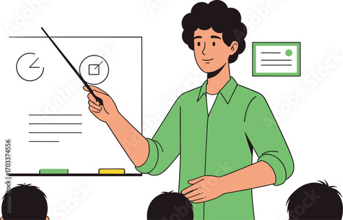 Teacher giving classroom presentation, pointing at whiteboard, explaining chart, educational illustration, learning concept, training session, school teaching moment