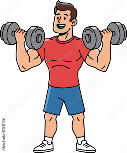 Strong young man exercising with dumbbells, cartoon fitness illustration, gym workout concept, healthy lifestyle training, muscular athlete character, weightlifting strength activity