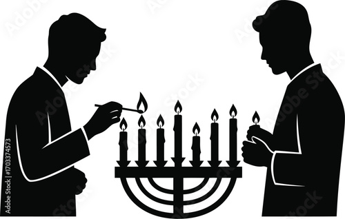 Two men lighting a menorah with candles isolated on transparent background