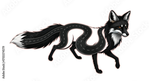 Abstract fox illustration embodying journey and transformation with a road motif, a captivating