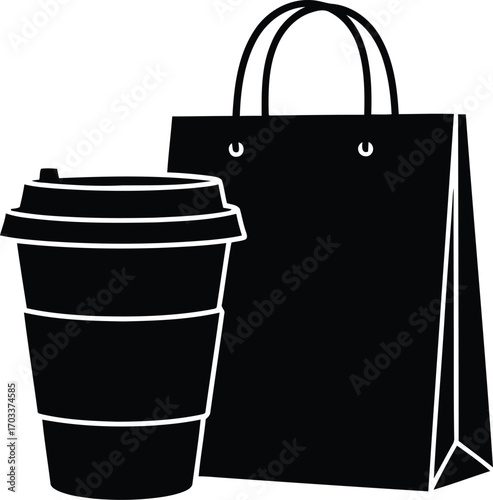 Black and white illustration of a disposable coffee cup with a shopping bag, isolated on transparent background