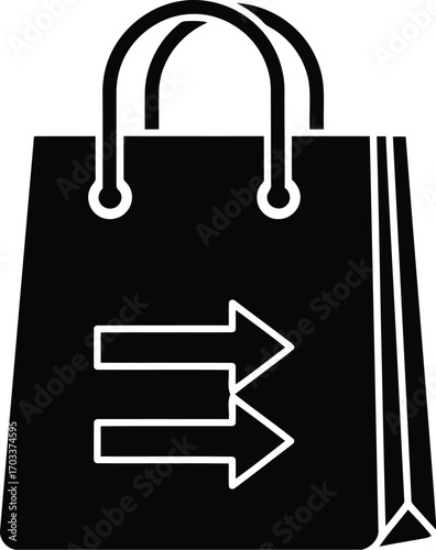 Black and white icon of a shopping bag with two opposing arrows, isolated on transparent background