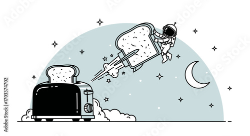 An astronaut piloting a toast rocket ship takes off from a toaster to the moon